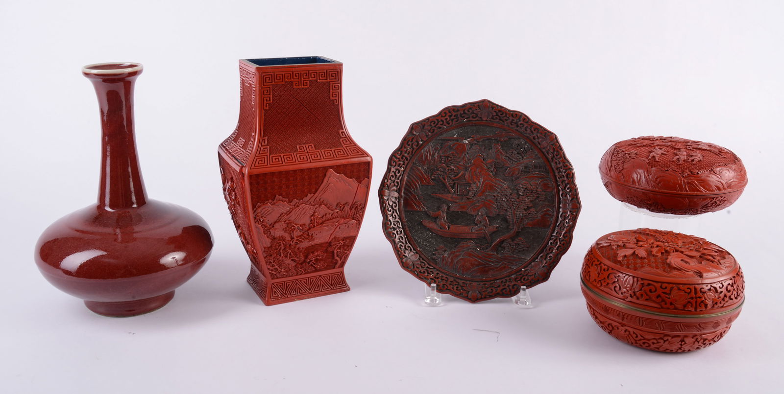 Four Chinese Cinnabar Style Items With Red Ceramic Vase (1 of 5)