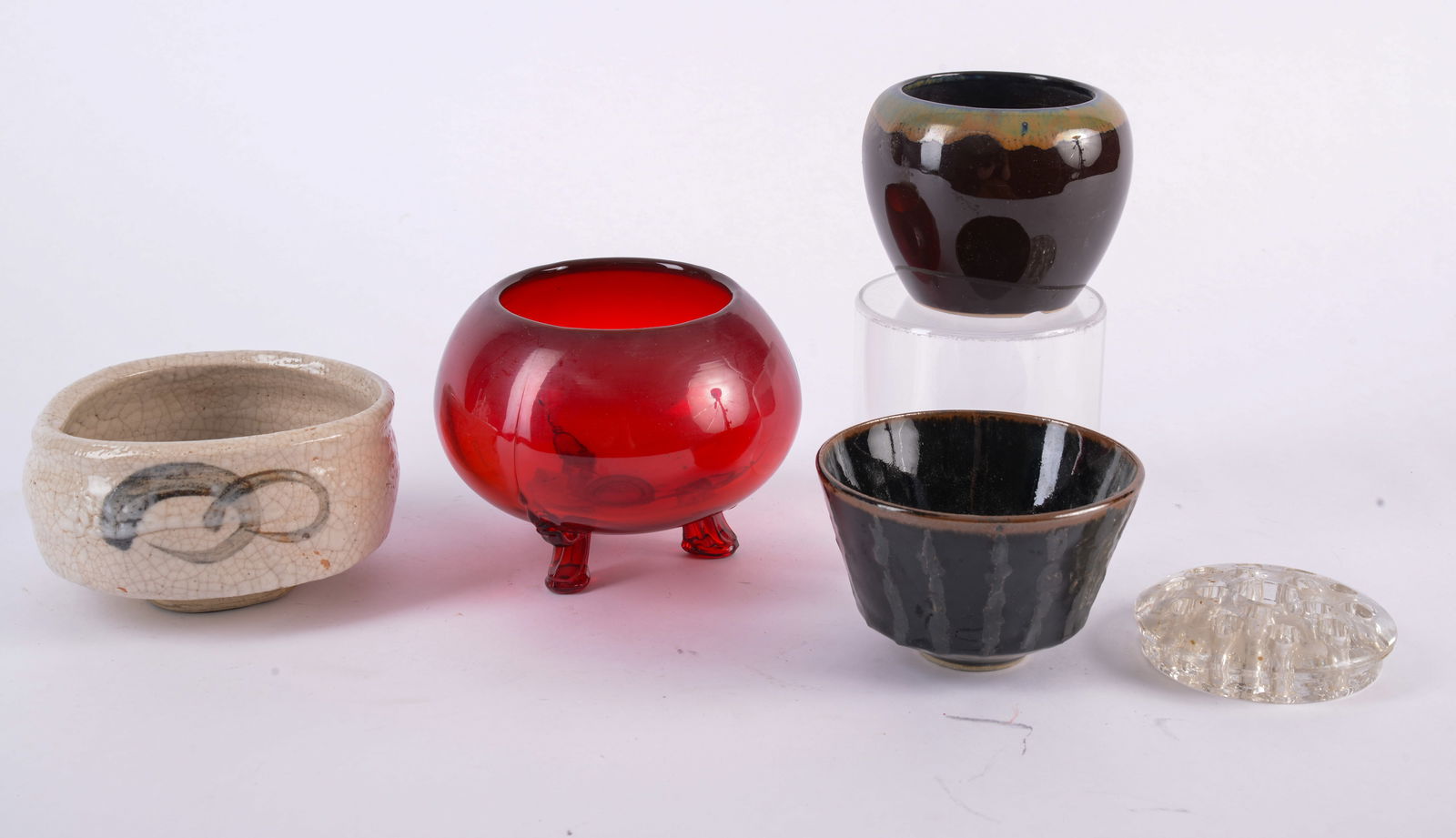 Group of Three Art Pottery Bowls and a Red Glass Bowl (1 of 3)