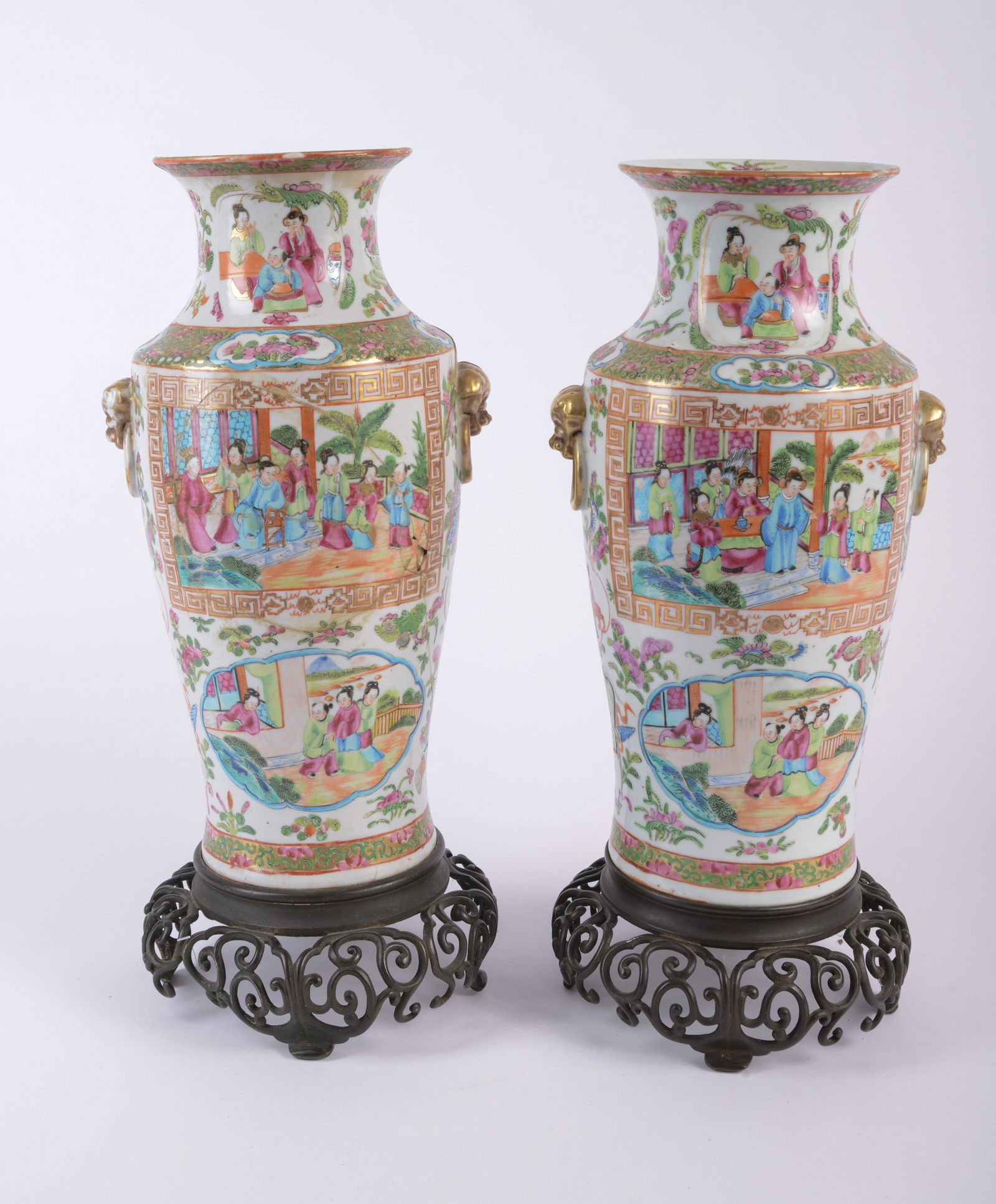 Pair of Chinese Rose Medallion Vases Mounted on Metal Bases (1 of 6)