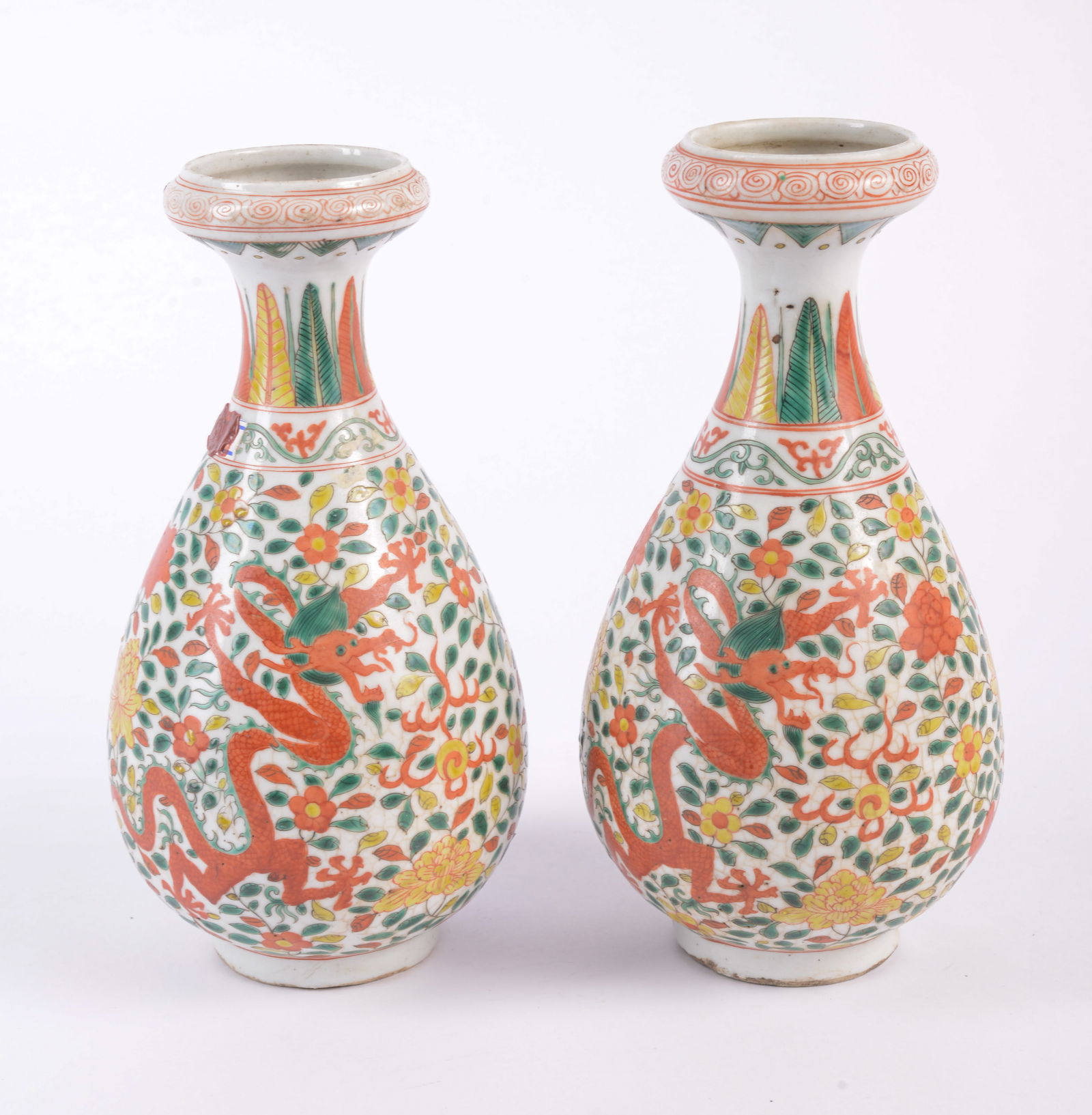 Pair of Painted Ceramic Vases with Dragons and Foliage (1 of 3)
