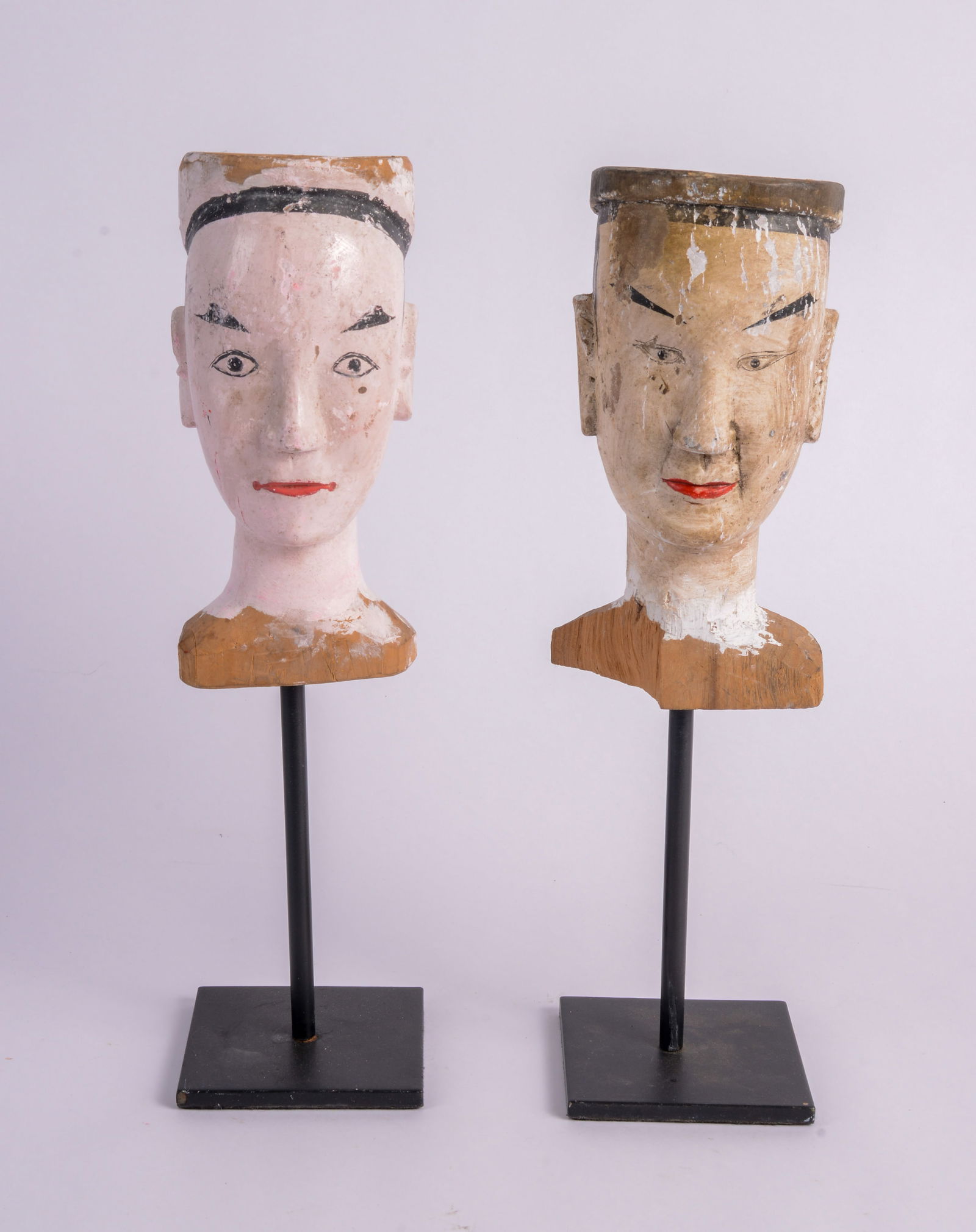 Two Chinese Painted Wood Puppet Heads on Metal Stands (1 of 4)