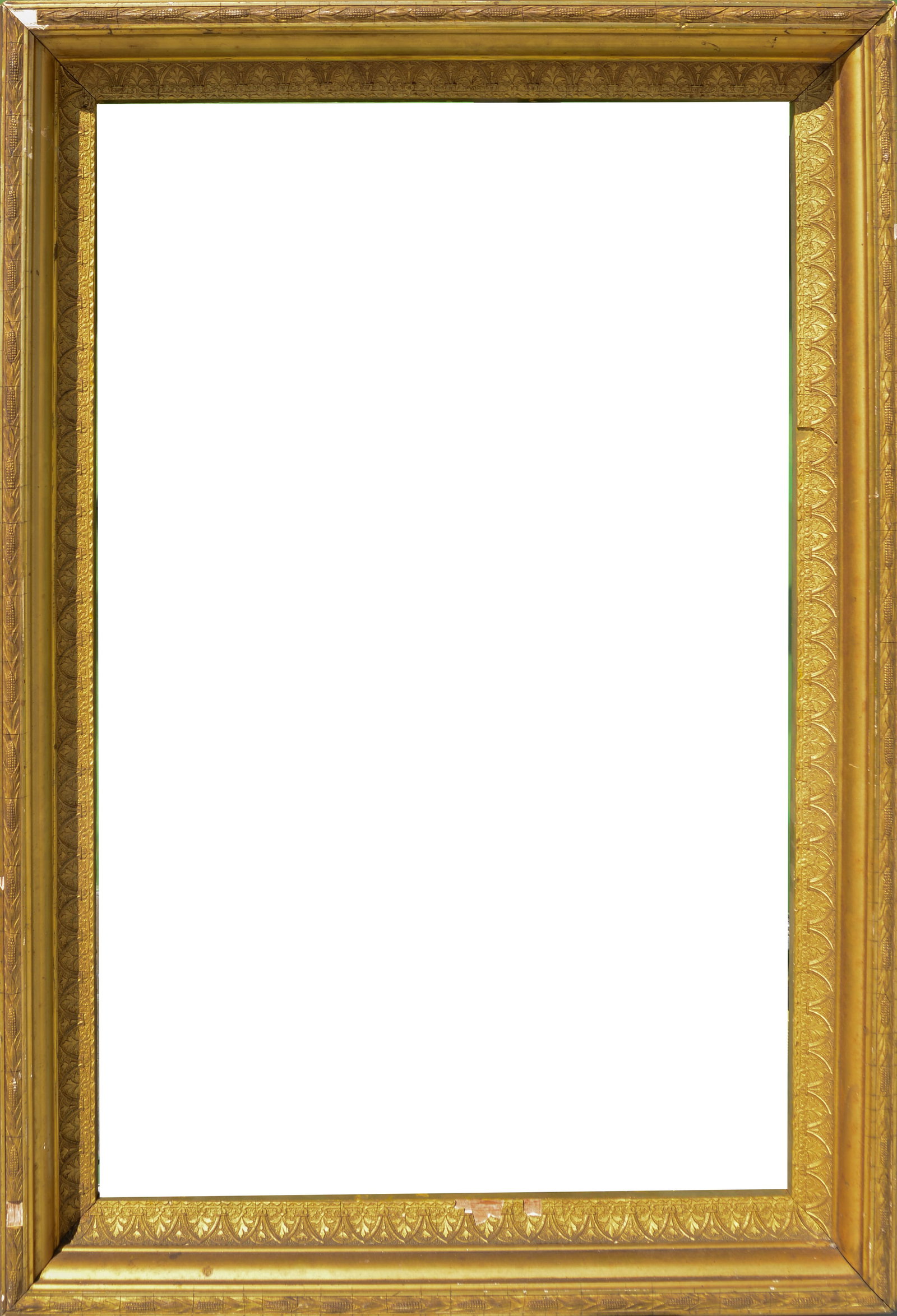 Antique Frame: Rabbet 21 x 32.5 inches, overall 26 x 38 inches. Some losses.