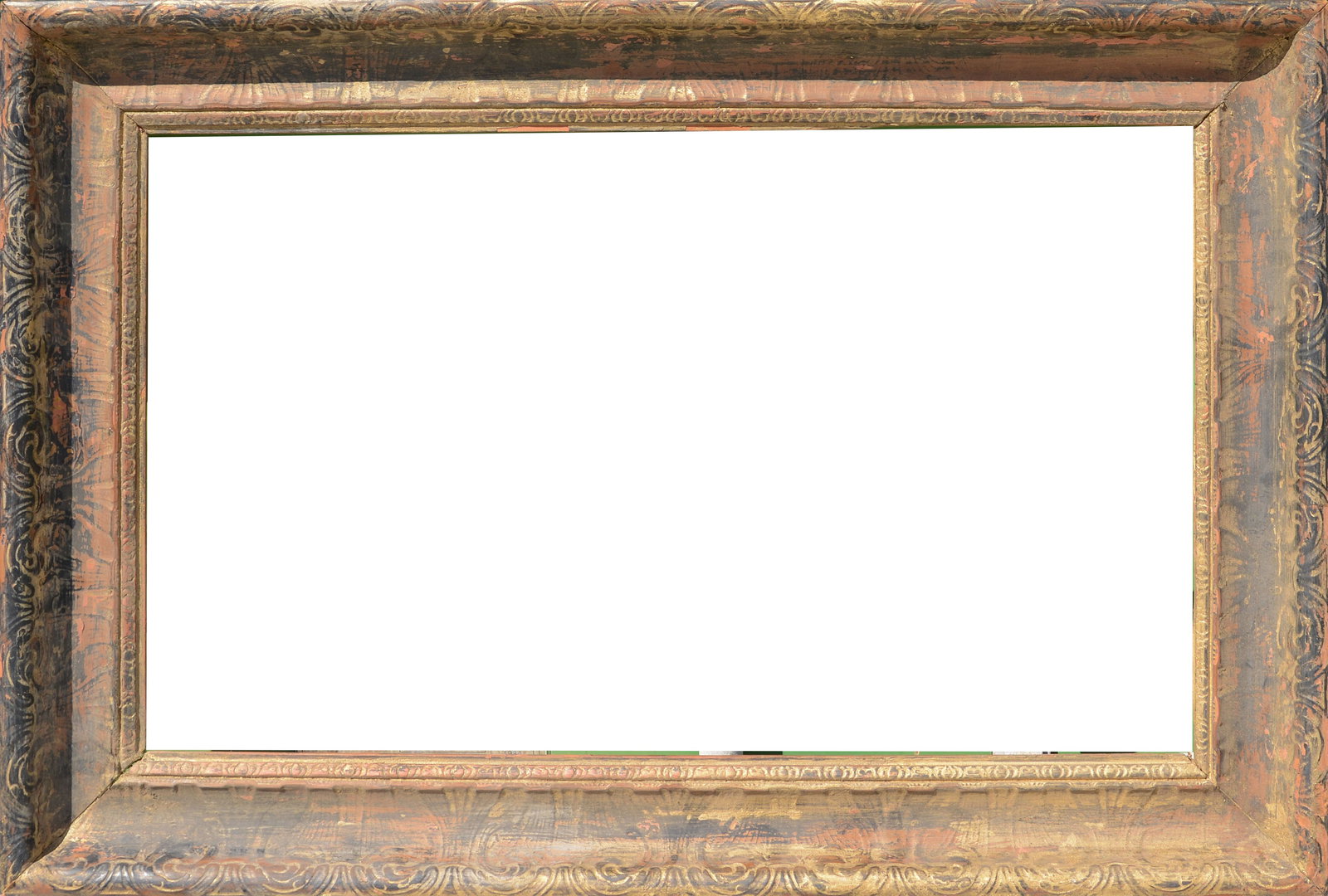 Antique Frame: Rabbet 18 x 30 inches, overall 25 x 37 inches. Some losses.