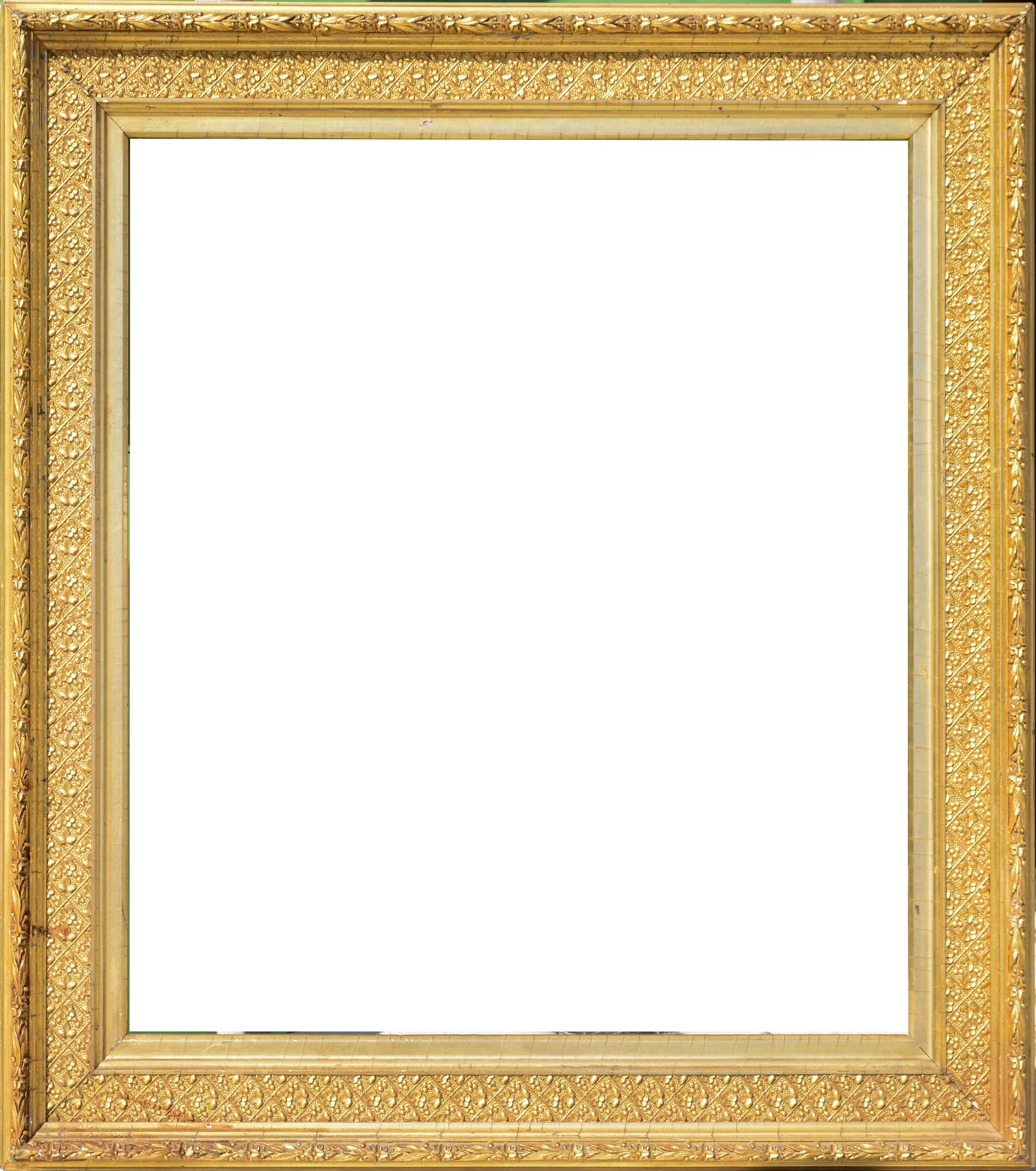 Antique Frame: Rabbet 19.5 x 18.5 inches, overall 25 x 24 inches. Some losses.