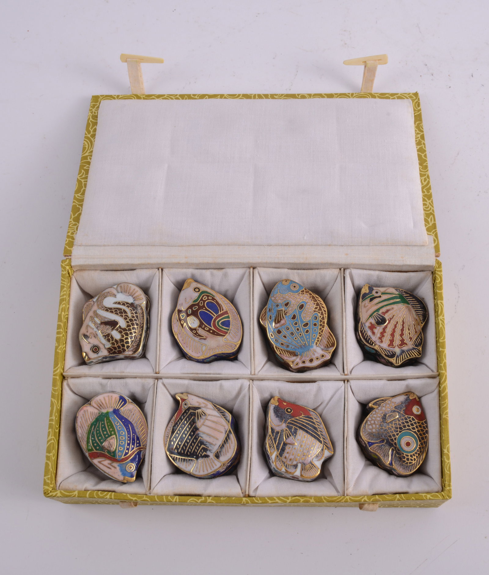 Boxed Set of Cloissone Fish From Pill Boxes.: Each approximately 2 inches long, 8 in total.