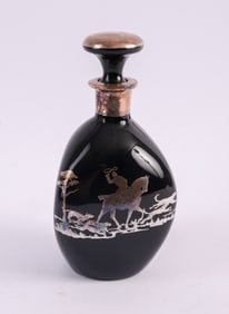 Glass Decanter With Silver Overlay Hunt Scene.