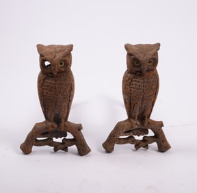 Pair of Owl Andirons With Glass Eyes