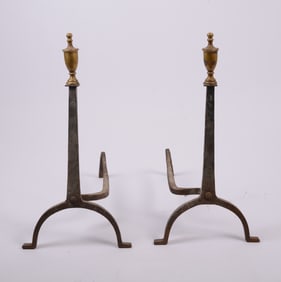 Pair of Wrought Iron and Brass Urn Top Andirons.