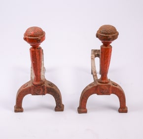 Pair of Cast Iron Andirons in Red Paint.