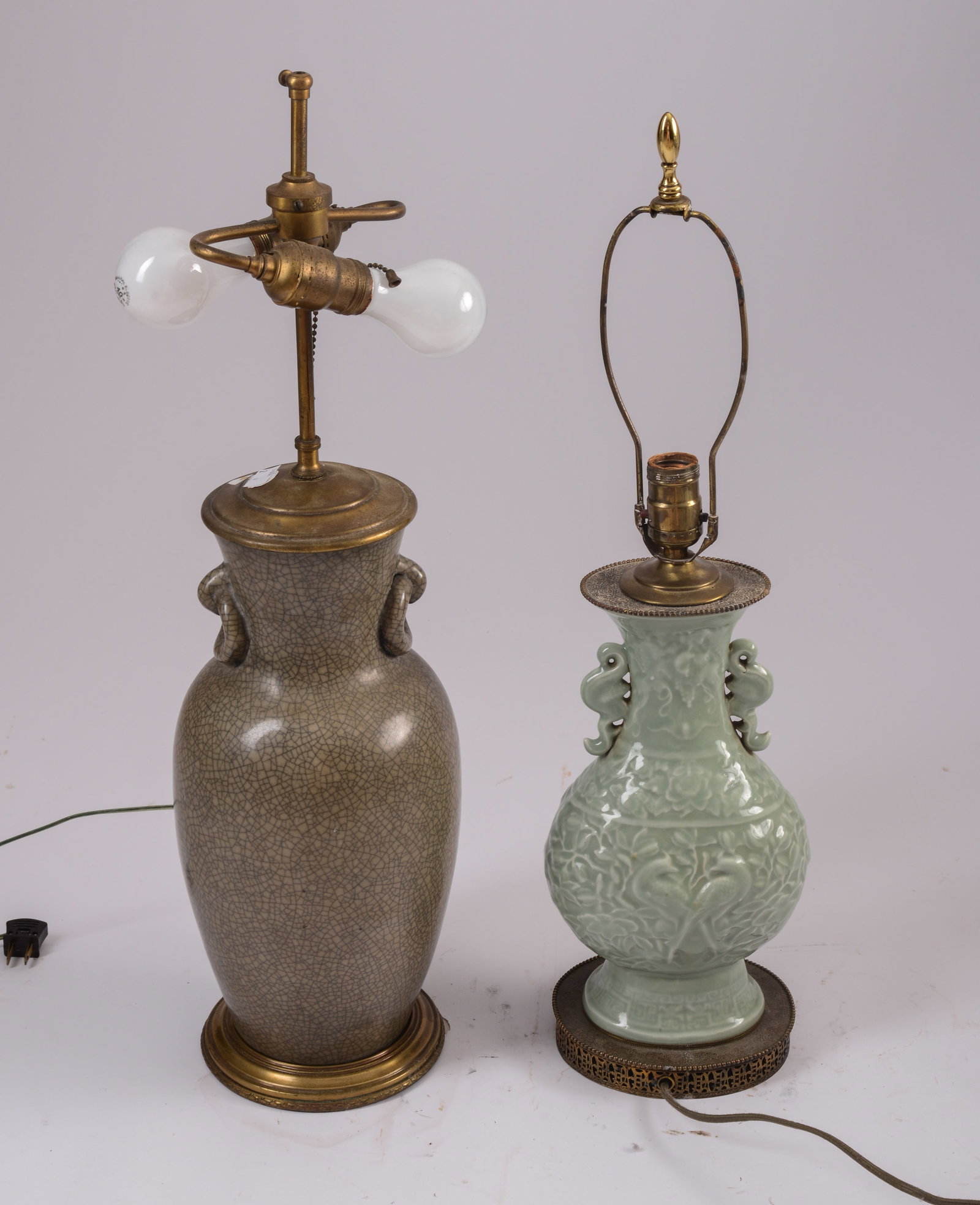 Chinese Celadon Lamp with Craquelure Porcelain Lamp.: Taller 26 inches. Good condition.