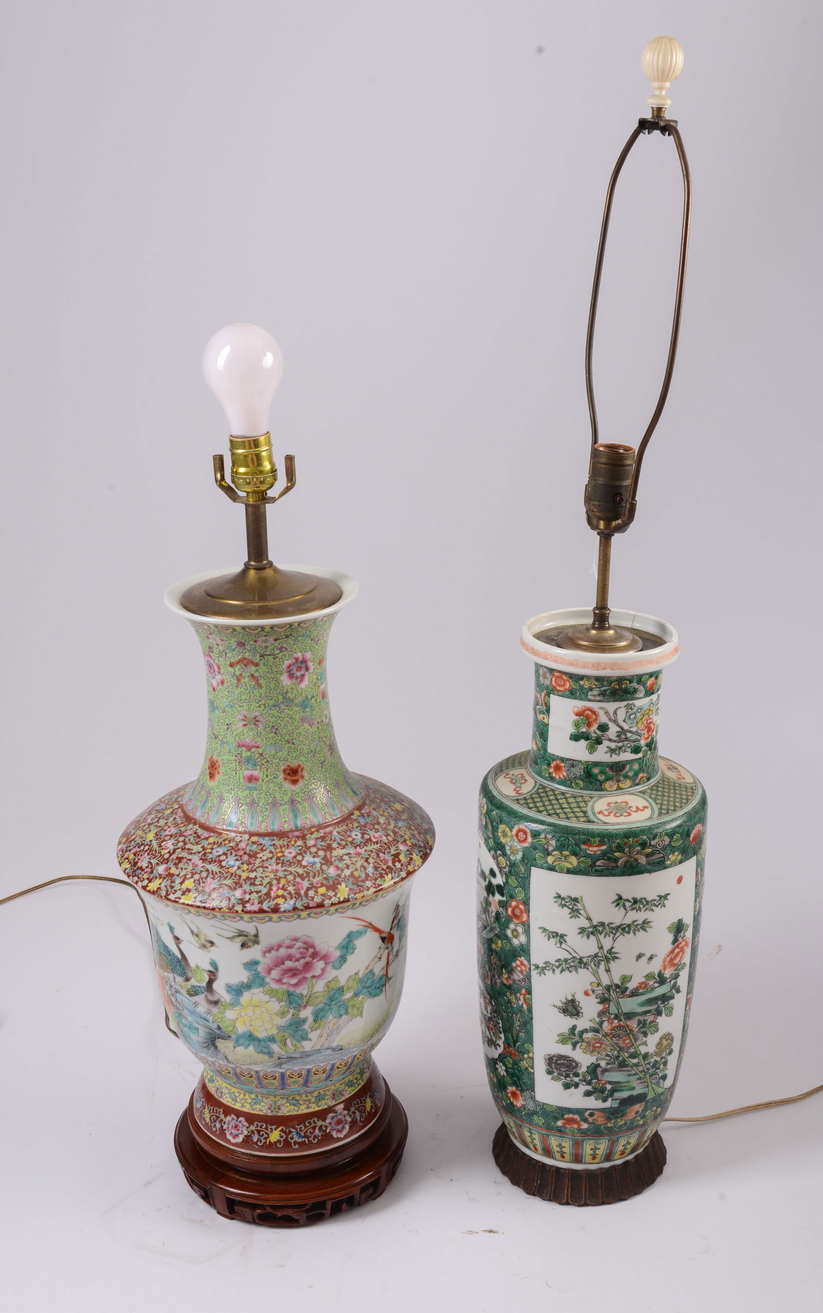 Two Tall Chinese Porcelain Vases Mounted as Lamps.: With floral and bird scenes. Taller vase 21 inches. Minor rim chips to one vase,