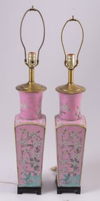 Pair of Tall Chinese Pink Porcelain Vases Mounted as Lamps.