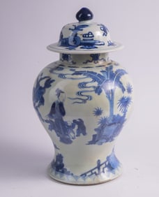 Chinese Blue and White Tall Covered Jar.