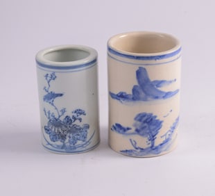 Two Chinese Blue and White Brush Pots.