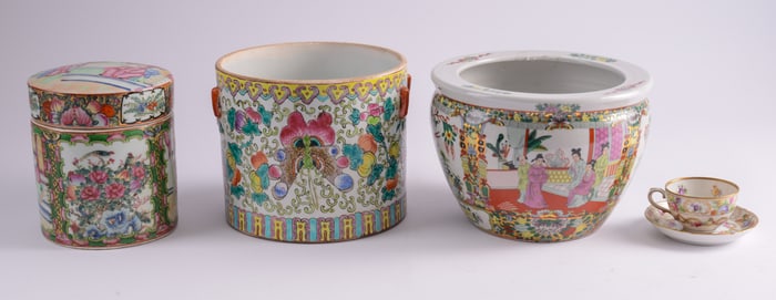 Chinese Rose Medallion Covered Jar and Two Planters.