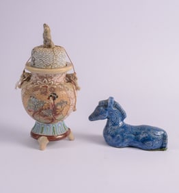 Chinese Covered Jar with Foo Dog and Ceramic Seahorse.