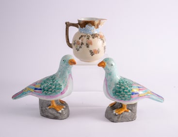Pair of Ceramic Birds with Chinese Porcelain Pitcher.