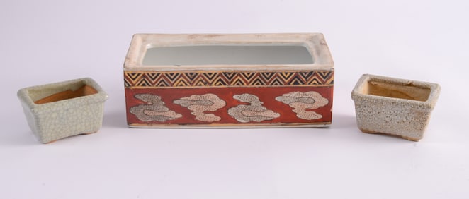 Chinese Red Ground Planter with Two Small Bonsai Dishes.