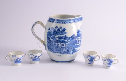 Chinese Blue and White Porcelain Pitcher with 4 Demitasse Cups.