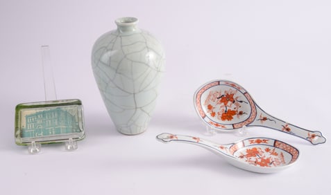 Chinese Celadon Crackle Vase and Two Spoon Rests.