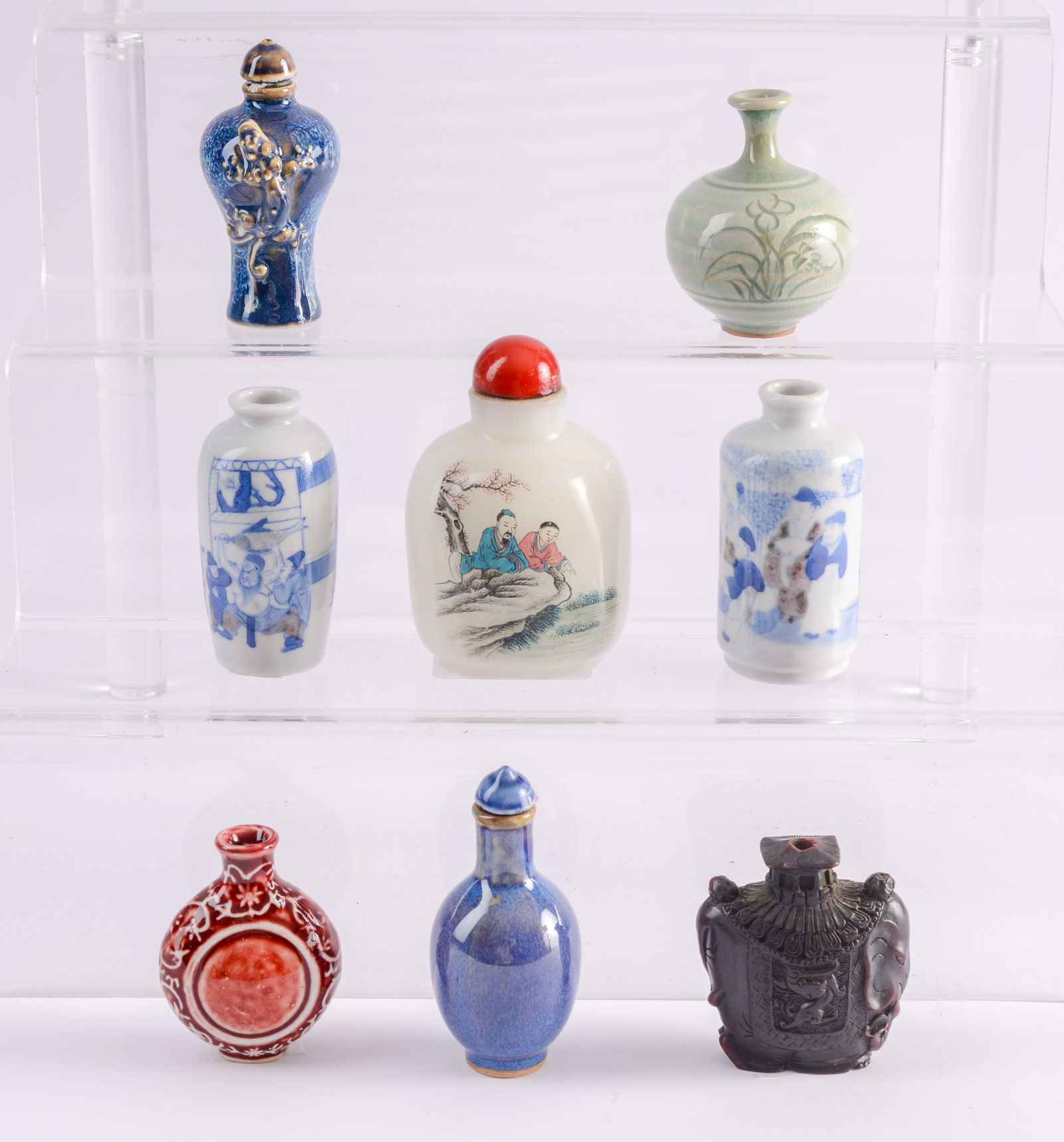 Group of Miniature Chinese Vases and Snuff Bottle.: Tallest height 4 inches. Good condition.