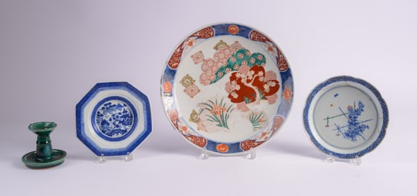 Chinese Porcelain Charger with Two Plates and Candleholder.