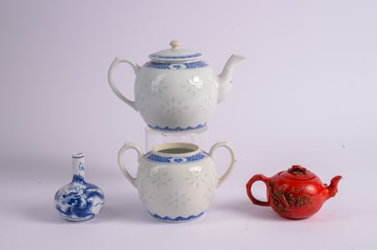 Chinese Blue and White Porcelain Teapot and Sugar Bowl.