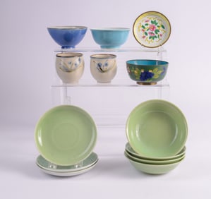 Chinese Enamel Bowl and Plate with Other Cups and Bowls.