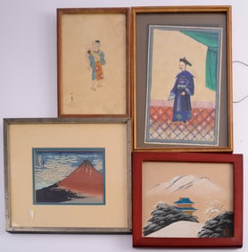 Group of Four Asian Paintings on Paper in Wood Frames.
