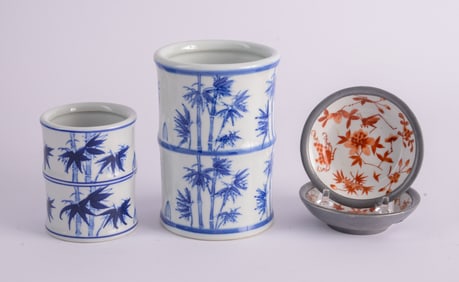Two Chinese Blue and White Brush Pots with Pair Metal Lined Bowls.