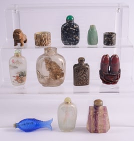 SIx Glass and Metal Snuff Bottles with other Table Items.