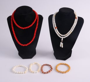 Two Long Bead Necklaces with Four Bead Bracelets.