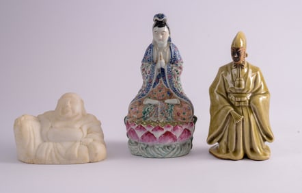 Two Ceramic Asian Figures and White Marble Buddha.