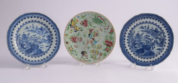 Pair of Chinese Blue and White Plates with Plate with Butterfly.