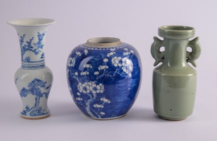 Blue and White Ginger Jar with two Vases.