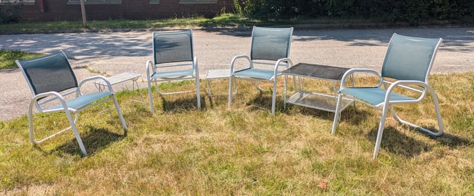 Four Aluminum Patio Chairs and Three Tables.