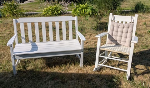 Composite Bench and White Wooden Rocker.