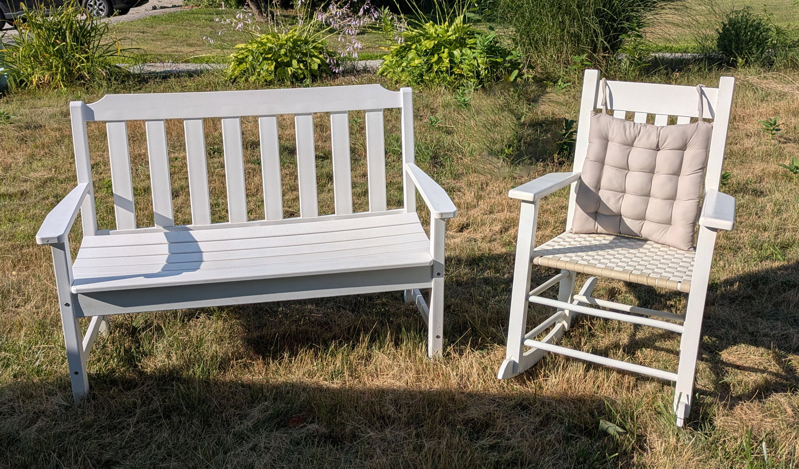 Composite Bench and White Wooden Rocker.: Bench needs reinforcment at front