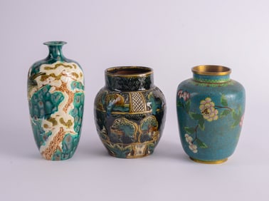 Enamel Vase with Two Chinese Ceramic Vases.