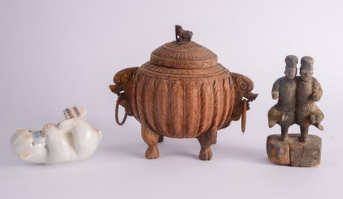 Asian Basket Covered Urn and Carved Wood Figures.