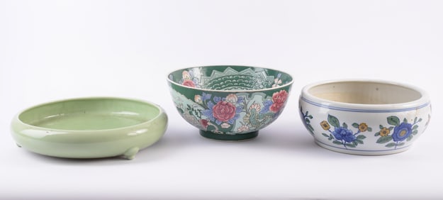 Chinese Rose Decorated Bowl with Two Chinese Planters