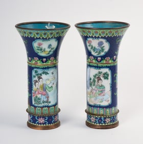 Pair of Chinese Enamel Blue Ground Vases