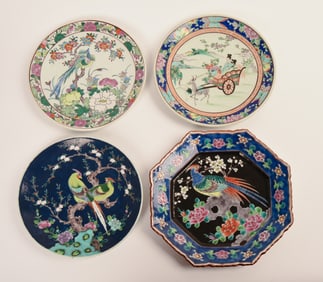 Group of Four Colorful Chinese Plates with Birds and Figures