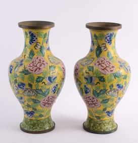 Pair of Large Chinese Enamel Vases with Yellow Ground