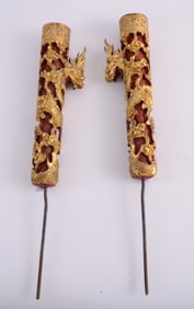 Pair of Elaborate Carved Wood Chinese Candleholders