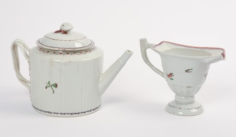 Chinese Export Helmet Form Creamer with Similar Teapot