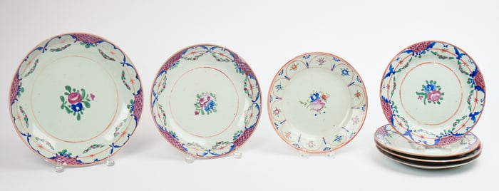 Five European Floral Plates and Two Matching Bowls