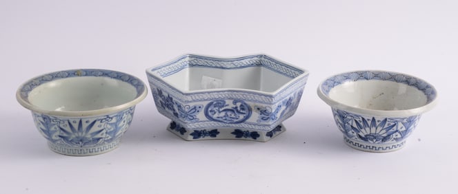 Asian Blue and White Jardiniere with Two Footed Bowls