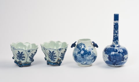 Pair of Blue and White Chinese Small Footed Planters