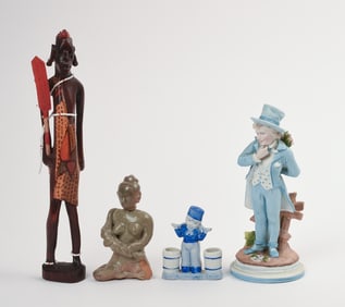 African Wood Figure with Two Porcelain Figures